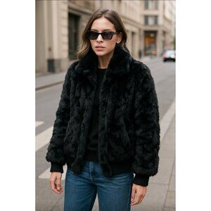 Niki Real Rabbit Fur Bomber Jacket Women’s Size L Black Genuine Fur Short Coat L